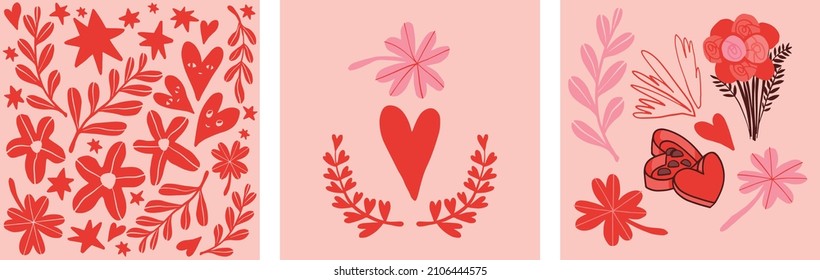 Cute hand drawn Valentine's Day vector pattern and graphic elements
