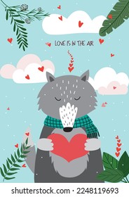 Cute hand drawn Valentines Day card with funny wolf with Heart and caption love is in the air on the background of sky with clouds, hearts, green leaves