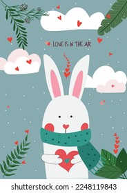 Cute hand drawn Valentines Day card with funny rabbit with Heart and caption love is in the air on the background of sky with clouds, hearts, green leaves