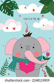 Cute hand drawn Valentines Day card with funny Elephant with Heart and caption love is in the air on the background of sky with clouds, hearts, green leaves