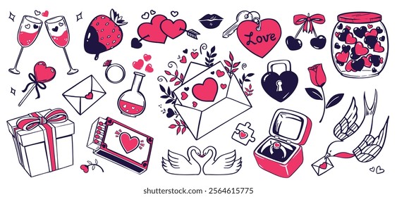 Cute hand drawn Valentine's Day elements. Love and romance theme vector drawings and doodles for stickers, banners, party invitations, greeting cards, gift tags.