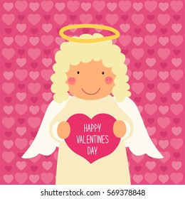 Cute hand drawn Valentine's Day card with cartoon character of Angel holding heart, can be used as card, banner or throw pillow design