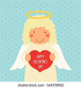 Cute hand drawn Valentine's Day card with cartoon character of Angel holding heart, can be used as card, banner or throw pillow design