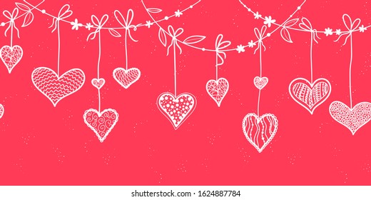 Cute hand drawn Valentines garland horizontal seamless pattern, romantic background, great for wallpaper, banner, websites, cards - vector design