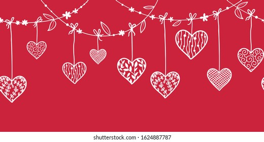 Cute hand drawn Valentines garland horizontal seamless pattern, romantic background, great for wallpaper, banner, websites, cards - vector design