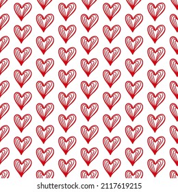 Cute hand drawn Valentine's hearts seamless pattern background. Decorative doodle love heart shape in sketch style. Scribble ink hearts icon for wedding design, wrapping, ornate and greeting cards