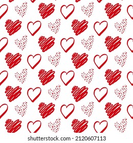 Cute hand drawn Valentine's hearts seamless pattern. Decorative doodle love heart shape in sketch style. Scribble ink hearts polka dot for wedding design, wrapping, ornate and greeting cards