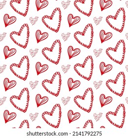 Cute hand drawn Valentine's hearts seamless pattern. Decorative doodle love heart shape in sketch style. Scribble ink hearts polka dot for wedding design, wrapping, ornate and greeting cards
