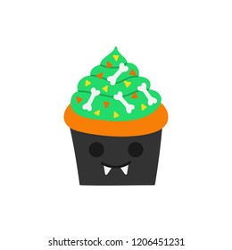 Cute hand drawn vampire cupcake vector illustration. Halloween themed and decorated cupcake in black vampire cup with green frosting and grey bones, yellow and orange triangle sprinkles, isolated.