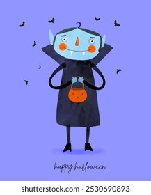 Lindo dibujado a mano vampiro sosteniendo la cesta con caramelos. Niño en un traje de vampiro y murciélagos voladores sobre un fondo violeta. Tarjeta de Halloween. Truco o trato. Ilustración vectorial de Halloween. RGB.