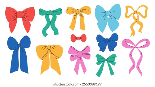 Cute hand drawn various ribbons and bows set. Ribbon bowknot bow hand drawn. Hair accessory. For greeting cards, wedding invitations, poster, branding, logo, gift wrapping