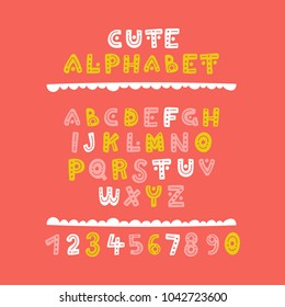 Cute hand drawn vector alphabet. Colorful red and yellow decorative letters in childish style. Set of elements for lettering and prints design