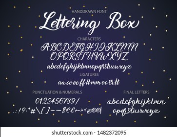 Cute hand drawn vector alphabet ABC font with letters, ligatures, numbers, symbols. For calligraphy, lettering, hand made quotes.