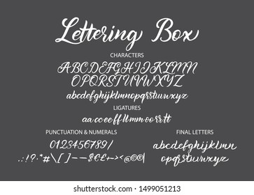 Cute hand drawn vector alphabet ABC font with letters, numbers, symbols. For calligraphy, lettering, hand made quotes.