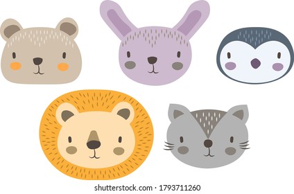 Cute hand drawn vector animal faces 