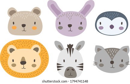 Cute hand drawn vector animal faces