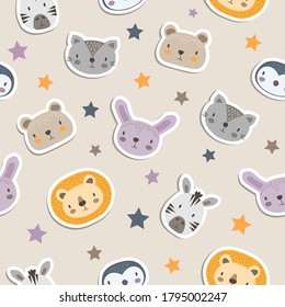 Cute hand drawn vector animal faces seamless pattern