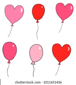 Cute hand drawn vector balloons for greeting cards and for Valentine's day in pink and red colors with black outlines
