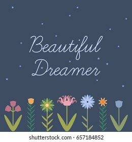 Cute hand drawn vector banner with flowers and in flat style. Little funny stylized flowers for your design.