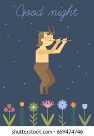 Cute hand drawn vector banner with flowers and faun in flat style. Little funny stylized faun for your design.