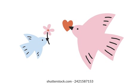 Cute hand drawn vector birds with heart and flower isolated on white background. Blue and pink lovely birds for Valentines day, festive design, romantic holidays. Lovely elements in cartoon style