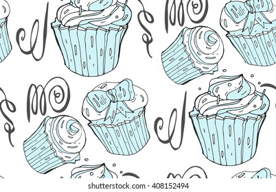 Cute hand drawn vector  blue cupcakes seamless pattern on white  background.Bakery illustration.Sweets pattern.