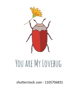 Cute hand drawn vector bug postcard for valentines day