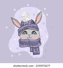 Cute hand drawn vector bunny in knited hat and scarf. Winter pastel rabbit print for nursery, kids apparel, poster, postcard. New Year and Christmas vector hare