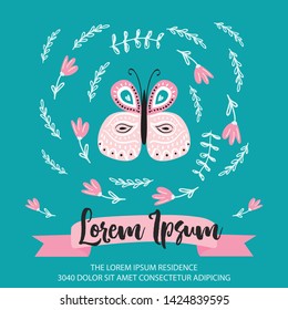 Cute hand drawn vector butterfly and floral wreath and decorative ribbon card for invitation,flyer,banner design in turquoise and pink colors