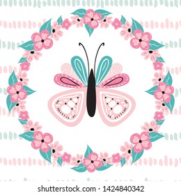 Cute hand drawn vector butterfly and floral wreath and decorative ribbon card for invitation,flyer,banner design 