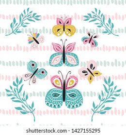 Cute hand drawn vector butterfly and floral wreath and decorative ribbon card for invitation,flyer,banner design 