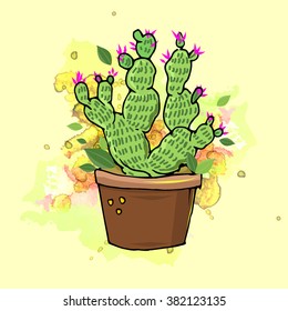 Cute hand drawn vector cactus in the pots. splatter colorful background.