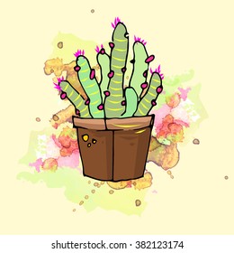 Cute hand drawn vector cactus in the pots. splatter colorful background.