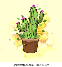 Cute hand drawn vector cactus in the pots. splatter colorful background.