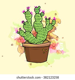 Cute hand drawn vector cactus in the pots. splatter colorful background.
