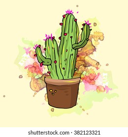 Cute hand drawn vector cactus in the pots. splatter colorful background.