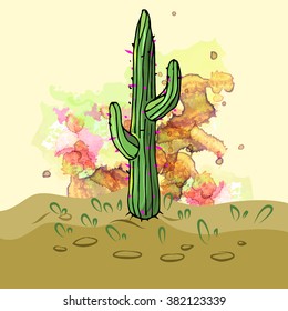 Cute hand drawn vector cactus in the pots. splatter colorful background.
