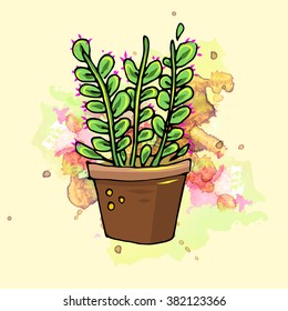 Cute hand drawn vector cactus in the pots. splatter colorful background.