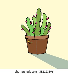 Cute hand drawn vector cactus in the pots. Vector illustration