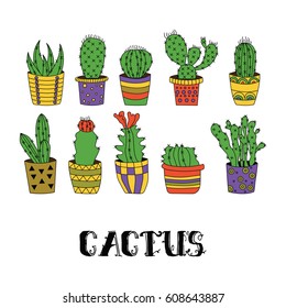 Cute hand drawn vector cactus in Flower pots.