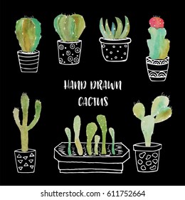 Cute hand drawn vector cactus in Flower pots.