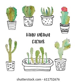 Cute hand drawn vector cactus in Flower pots.