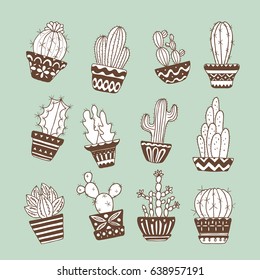 Cute hand drawn vector cactus set