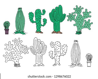 Cute hand drawn vector cactuse in the pots. Vector illustration.