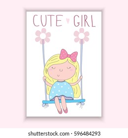 Cute hand drawn vector card with little girl sitting on a swing. Printable template.