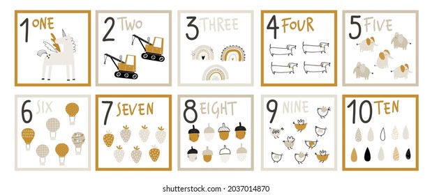 Cute hand drawn vector cards for kids with numbers for teaching children to count and learn english words. Learn to count. Exercises for kids. Kids illustration.1, 2, 3, 4, 5, 6, 7, 8, 9, 10.