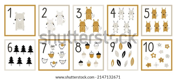 Cute hand drawn vector cards for kids with numbers\
for teaching children to count and learn english words. Learn to\
count. Exercises for kids. Kids illustration.1, 2, 3, 4, 5, 6, 7,\
8, 9, 10.