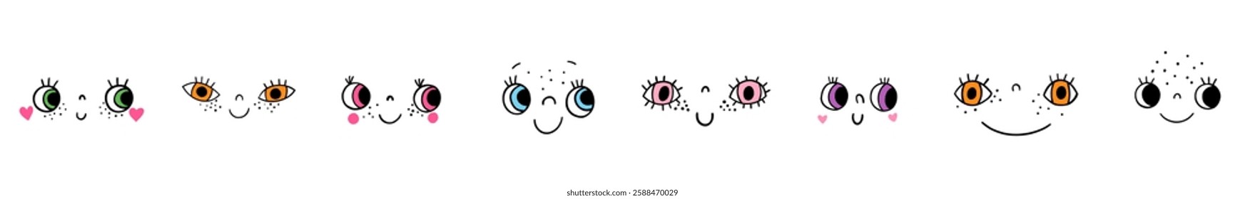 Cute hand drawn vector cartoon faces, doodle face characters with fun expressions, line drawings