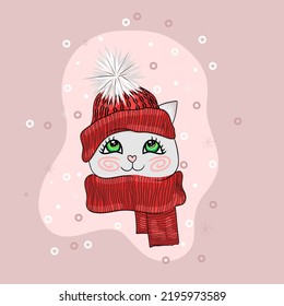 El gato vector dibujado a mano en sombrero de punto y bufanda. Impresión de gatitos pastel de invierno para guardería, ropa para niños, afiche, postal. Partido vectorial de Año Nuevo y Navidad