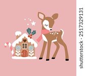 Cute hand drawn vector Christmas deer with gingerbread house. Perfect for tee shirt logo, greeting card, poster, invitation or nursery print design. EPS 10 vector file.